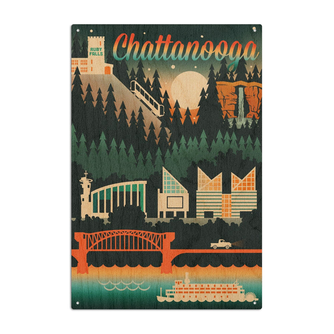Chattanooga, Tennessee, Retro Skyline Chromatic Series, Lantern Press Artwork, Wood Signs and Postcards Wood Lantern Press 10 x 15 Wood Sign 