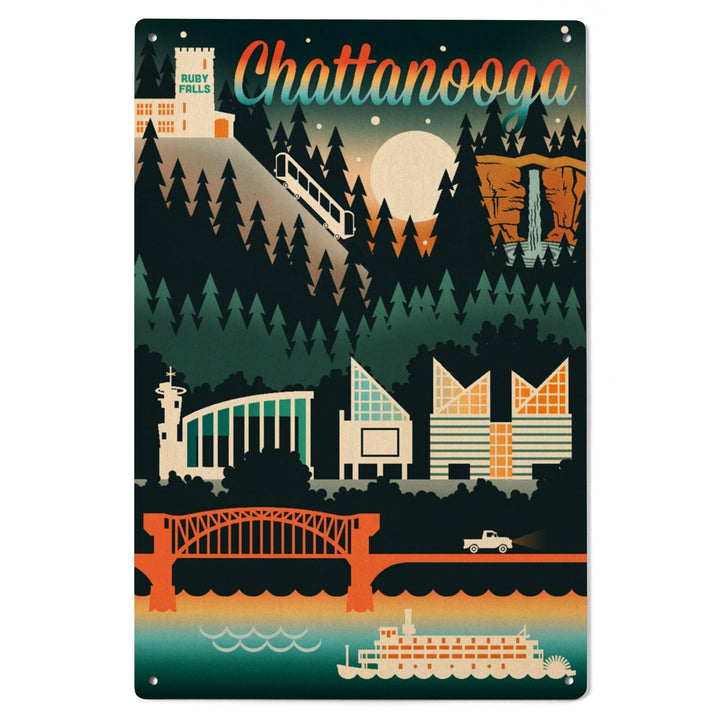 Chattanooga, Tennessee, Retro Skyline Chromatic Series, Lantern Press Artwork, Wood Signs and Postcards Wood Lantern Press 