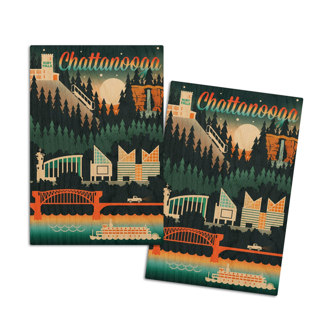 Chattanooga, Tennessee, Retro Skyline Chromatic Series, Lantern Press Artwork, Wood Signs and Postcards Wood Lantern Press 4x6 Wood Postcard Set 