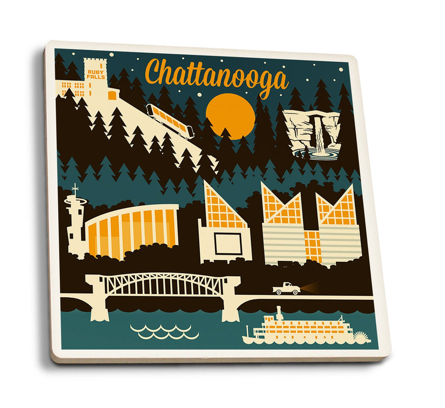 Chattanooga, Tennessee, Retro Skyline, Lantern Press Artwork, Coaster Set Coasters Lantern Press 