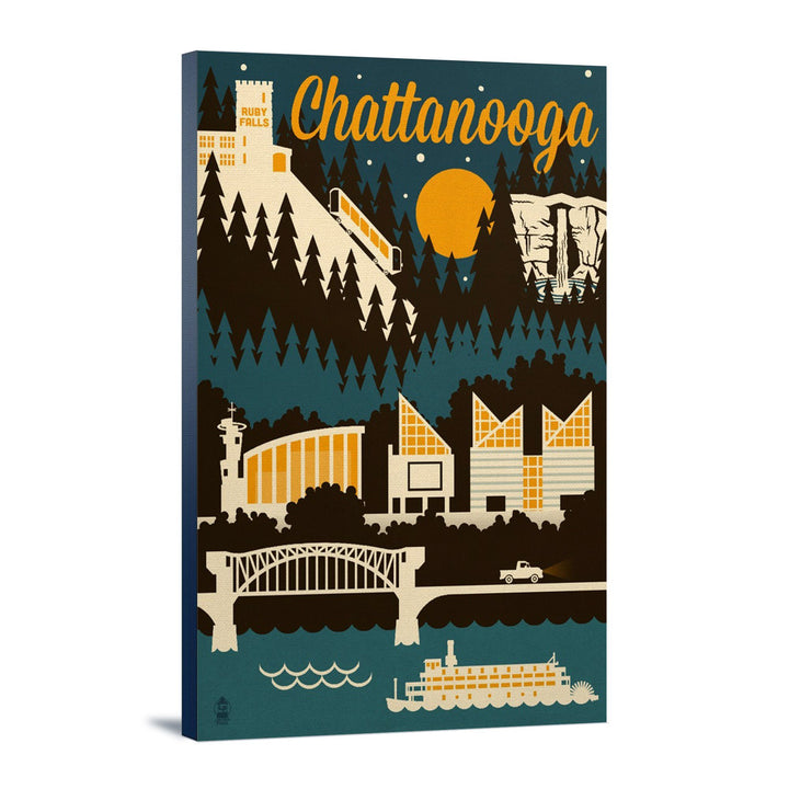 Chattanooga, Tennessee, Retro Skyline, Lantern Press Artwork, Stretched Canvas Canvas Lantern Press 