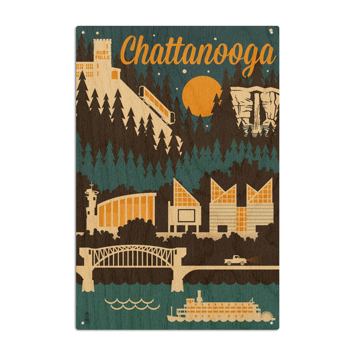Chattanooga, Tennessee, Retro Skyline, Lantern Press Artwork, Wood Signs and Postcards Wood Lantern Press 10 x 15 Wood Sign 