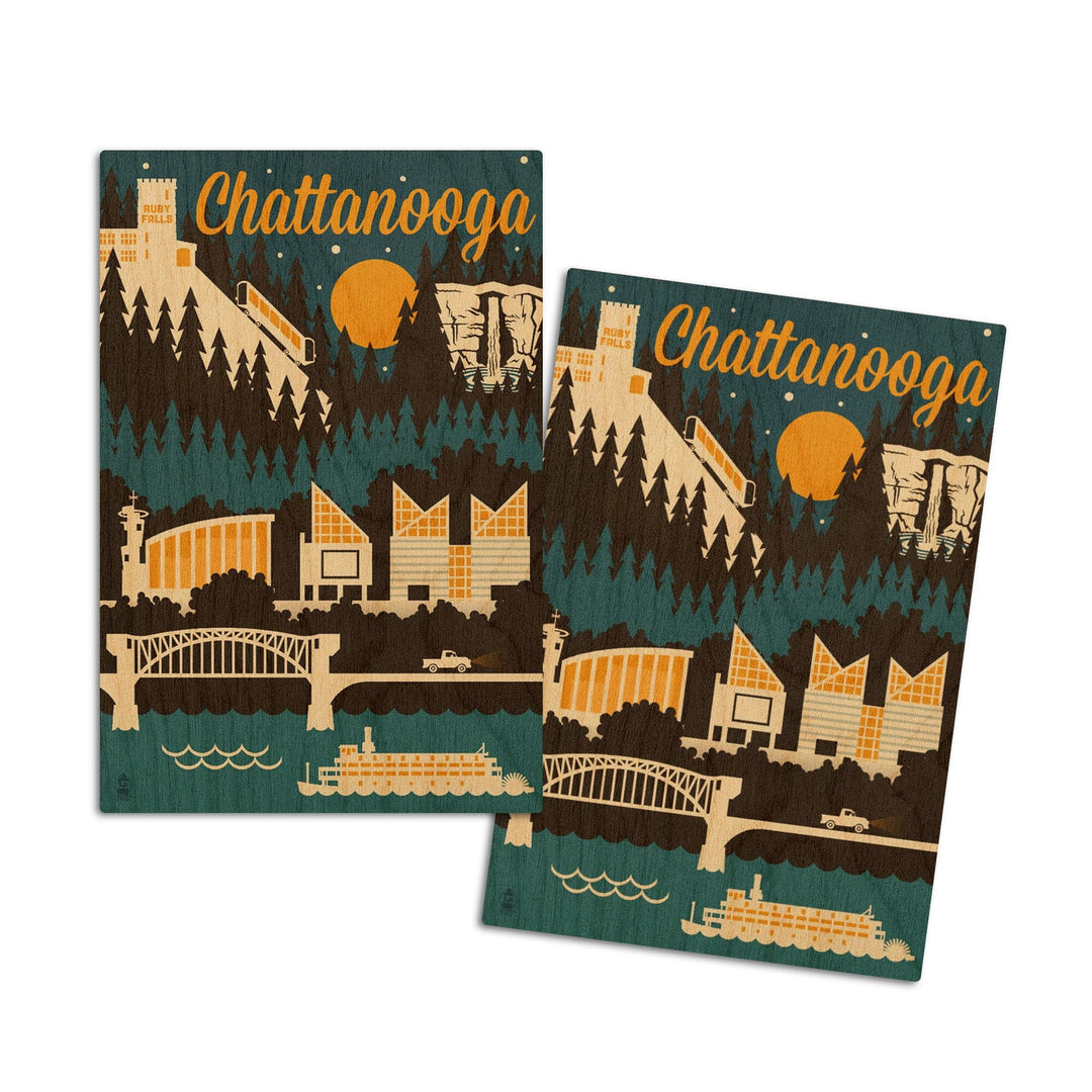 Chattanooga, Tennessee, Retro Skyline, Lantern Press Artwork, Wood Signs and Postcards Wood Lantern Press 4x6 Wood Postcard Set 
