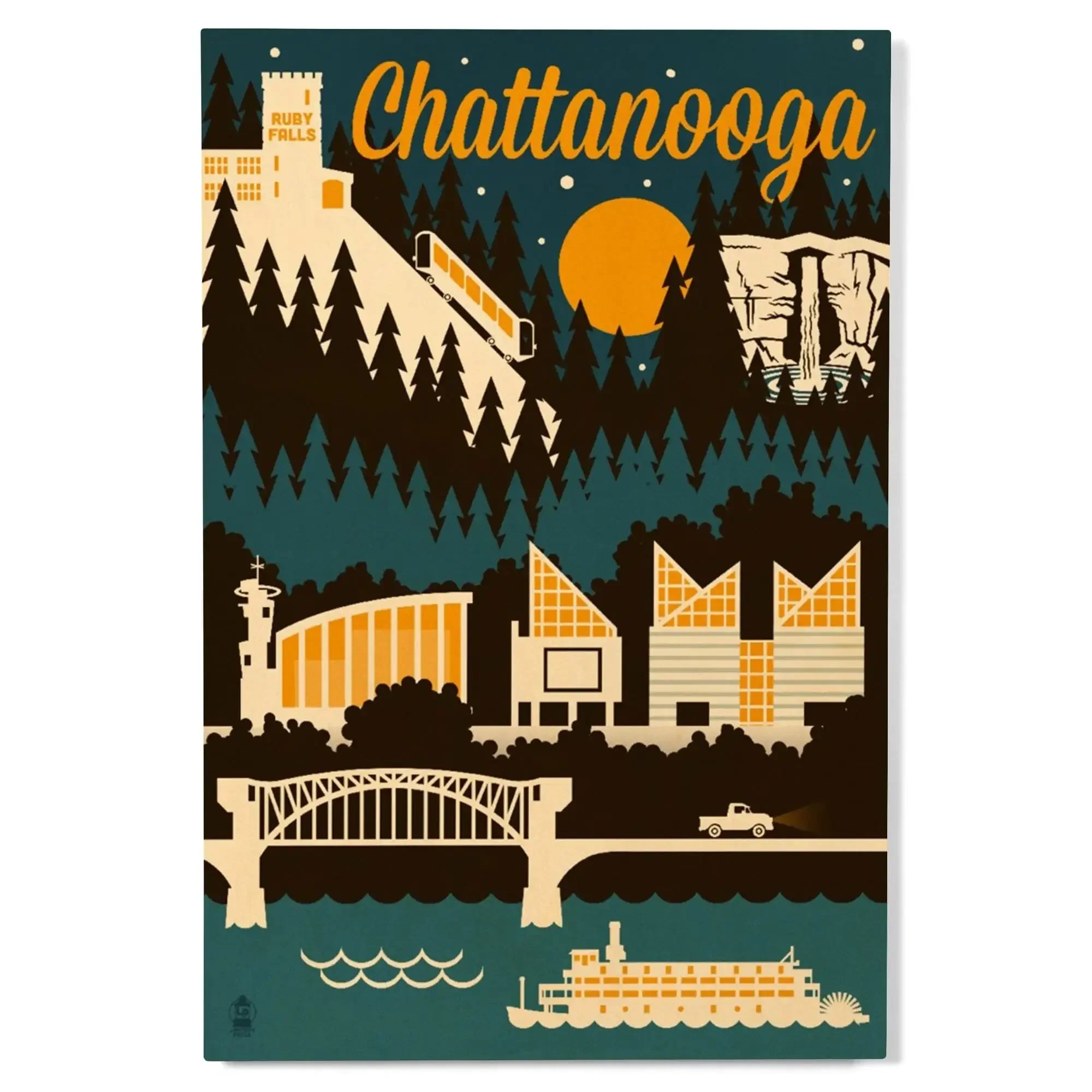 Chattanooga, Tennessee, Retro Skyline, Lantern Press Artwork, Wood Sig