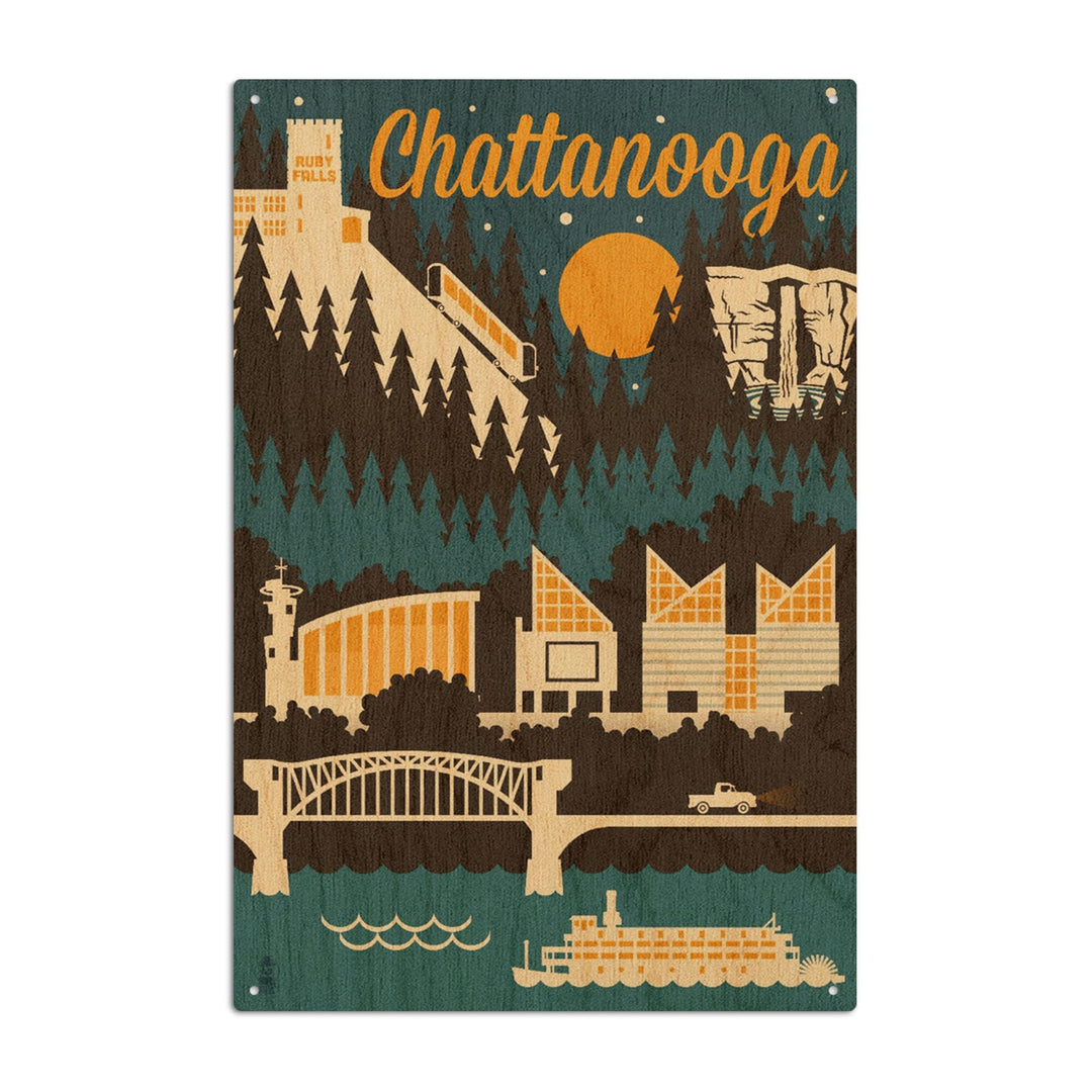 Chattanooga, Tennessee, Retro Skyline, Lantern Press Artwork, Wood Signs and Postcards Wood Lantern Press 6x9 Wood Sign 