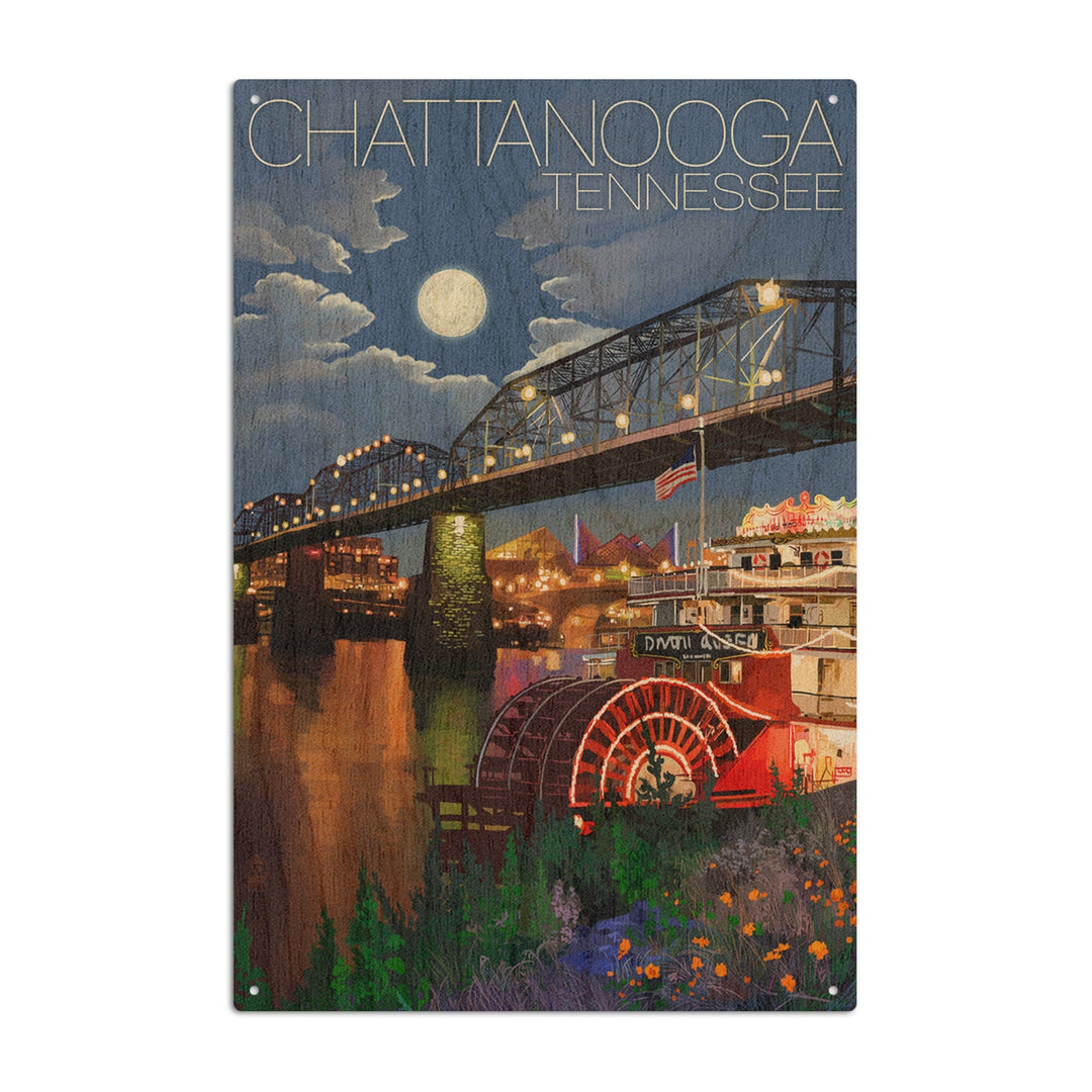 Chattanooga, Tennesseee, Skyline at Night, Lantern Press Artwork, Wood Signs and Postcards Wood Lantern Press 10 x 15 Wood Sign 
