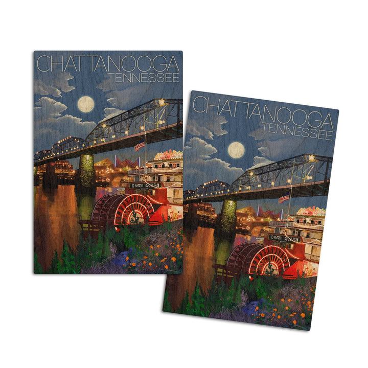 Chattanooga, Tennesseee, Skyline at Night, Lantern Press Artwork, Wood Signs and Postcards Wood Lantern Press 4x6 Wood Postcard Set 
