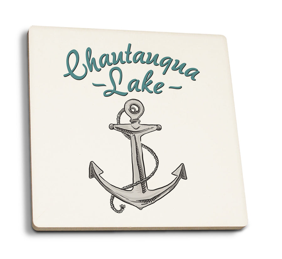 Chautauqua Lake, New York, Anchor Icon, Lantern Press Artwork, Coaster Set Coasters Lantern Press 