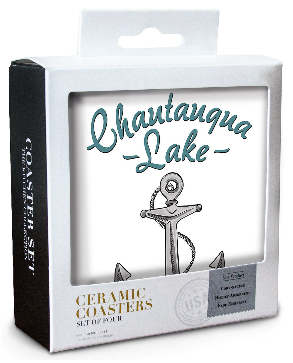 Chautauqua Lake, New York, Anchor Icon, Lantern Press Artwork, Coaster Set Coasters Lantern Press 