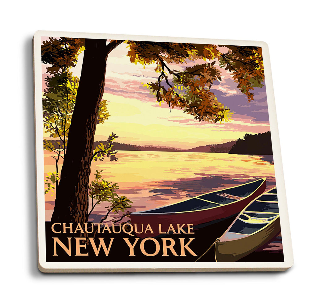 Chautauqua Lake, New York, Canoe and Lake at Sunset, Lantern Press Artwork, Coaster Set Coasters Lantern Press 