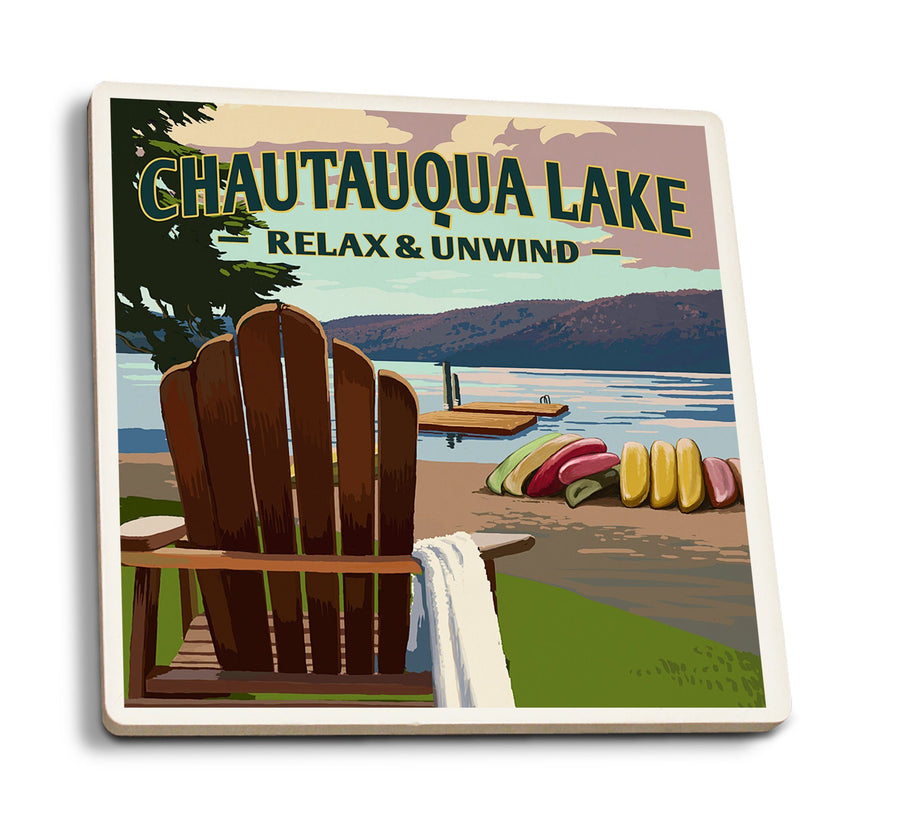 Chautauqua Lake, New York, Lake & Adirondack Chair, Lantern Press Artwork, Coaster Set Coasters Lantern Press 