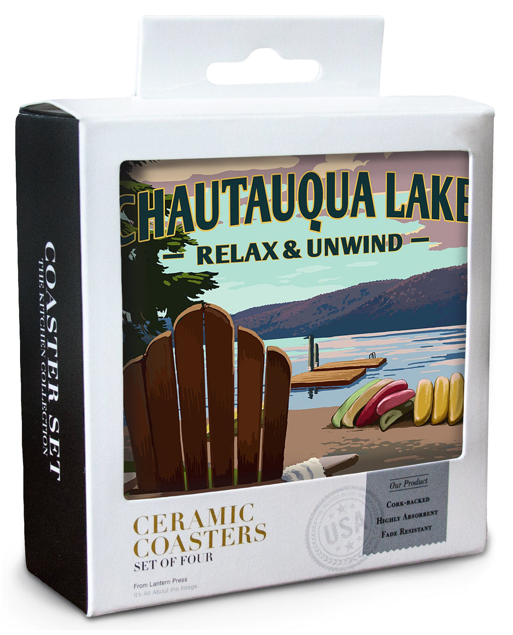 Chautauqua Lake, New York, Lake & Adirondack Chair, Lantern Press Artwork, Coaster Set Coasters Lantern Press 