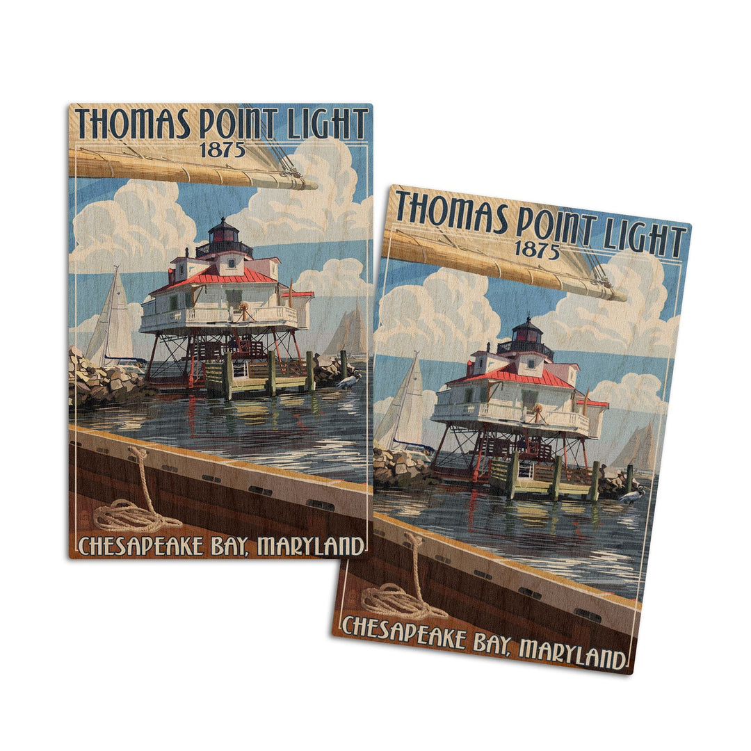 Chesapeake Bay, Maryland, Thomas Point Light, Lantern Press Artwork, Wood Signs and Postcards Wood Lantern Press 4x6 Wood Postcard Set 
