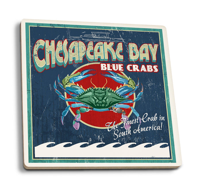 Chesapeake Bay, Virginia, Blue Crab Vintage Sign, Lantern Press Artwork, Coaster Set Coasters Lantern Press 