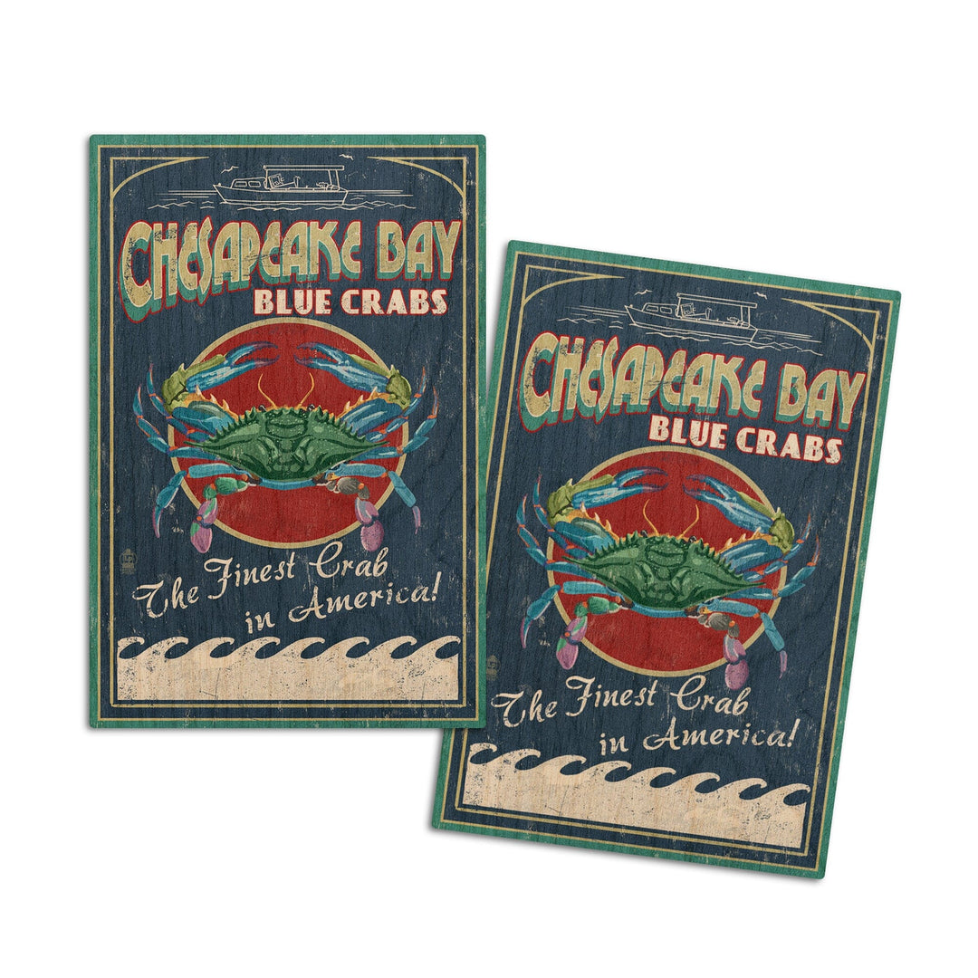 Chesapeake Bay, Virginia, Blue Crab Vintage Sign, Lantern Press Artwork, Wood Signs and Postcards Wood Lantern Press 4x6 Wood Postcard Set 