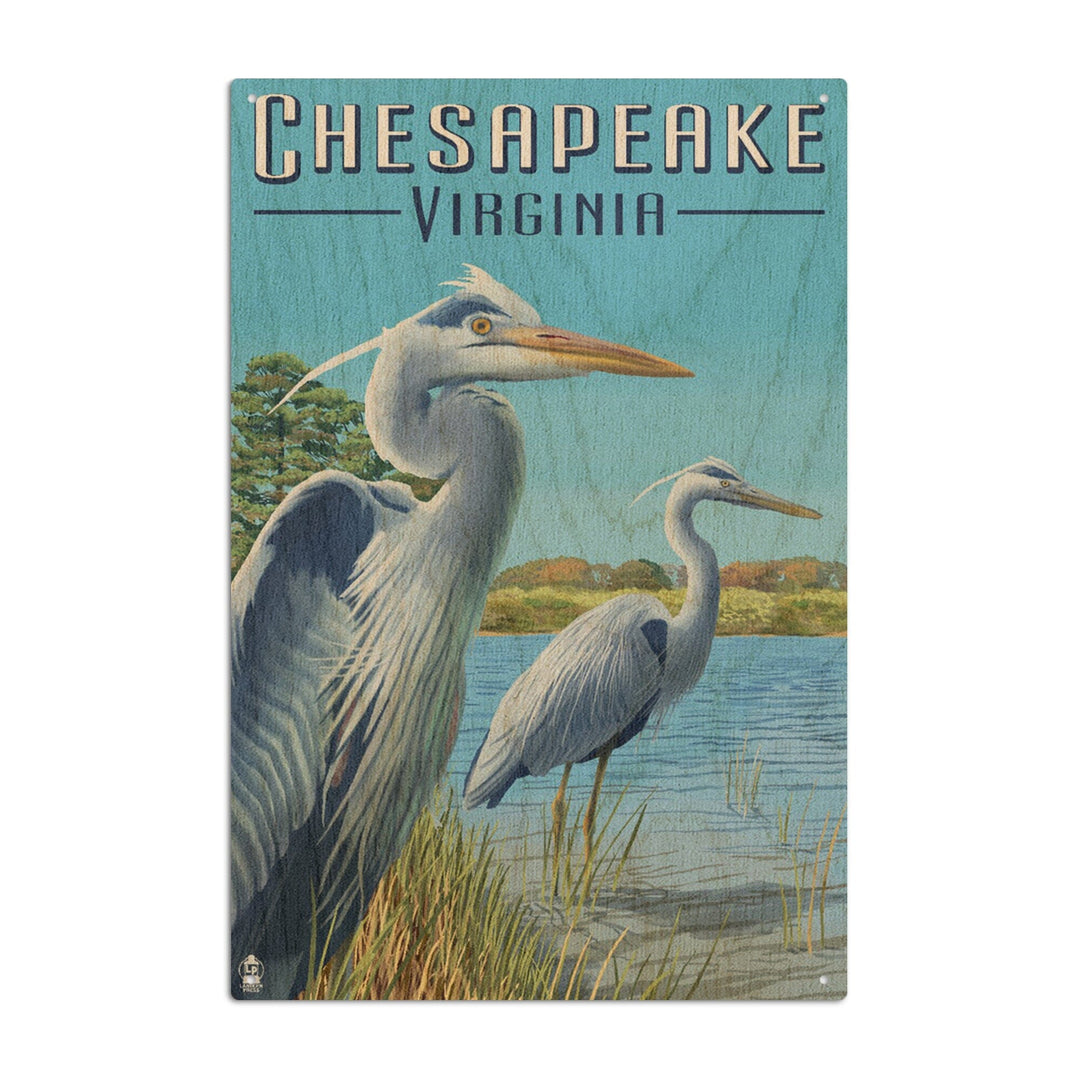 Chesapeake, Virginia, Blue Herons, Lantern Press Artwork, Wood Signs and Postcards Wood Lantern Press 10 x 15 Wood Sign 