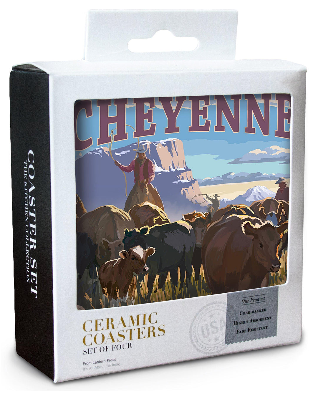 Cheyenne, Wyoming, Cowboy Cattle Drive Scene, Lantern Press Artwork, Coaster Set Coasters Lantern Press 