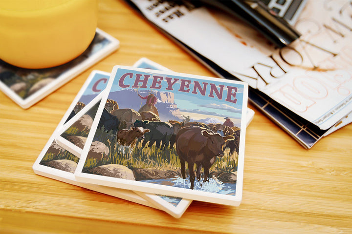 Cheyenne, Wyoming, Cowboy Cattle Drive Scene, Lantern Press Artwork, Coaster Set Coasters Lantern Press 