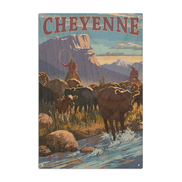 Cheyenne, Wyoming, Cowboy Cattle Drive Scene, Lantern Press Artwork, Wood Signs and Postcards Wood Lantern Press 10 x 15 Wood Sign 