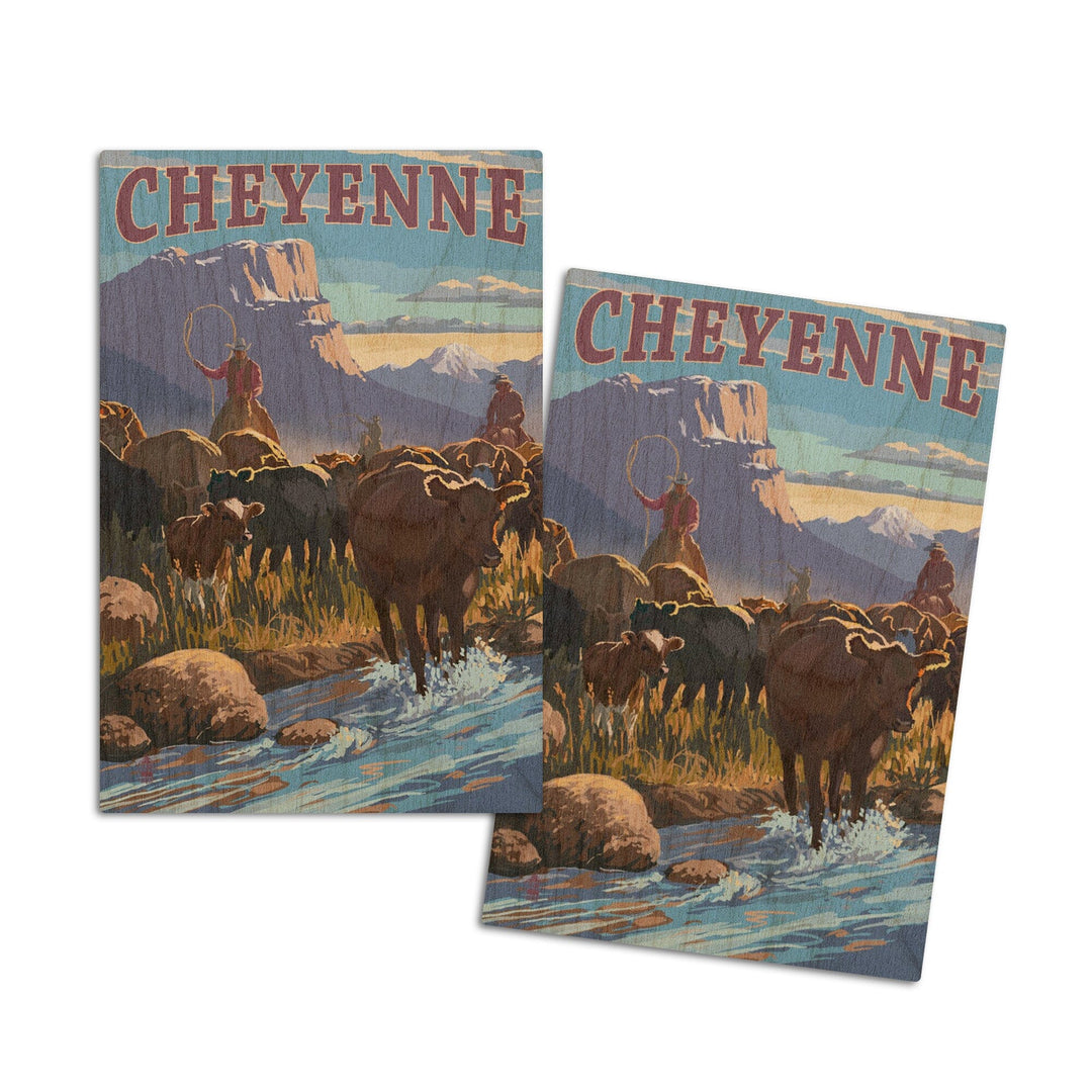 Cheyenne, Wyoming, Cowboy Cattle Drive Scene, Lantern Press Artwork, Wood Signs and Postcards Wood Lantern Press 4x6 Wood Postcard Set 