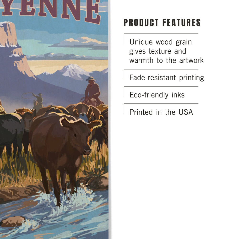 Cheyenne, Wyoming, Cowboy Cattle Drive Scene, Lantern Press Artwork, Wood Signs and Postcards Wood Lantern Press 