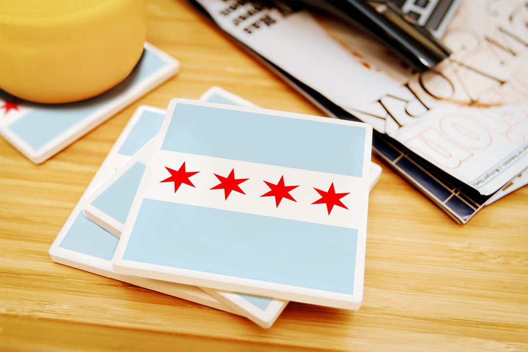 Chicago, Illinois, Flag (Version #2), Lantern Press Artwork, Coaster Set Coasters Lantern Press 