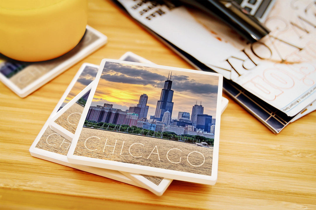 Chicago, Illinois, Moody Skyline, Lantern Press Photography, Coaster Set Coasters Lantern Press 