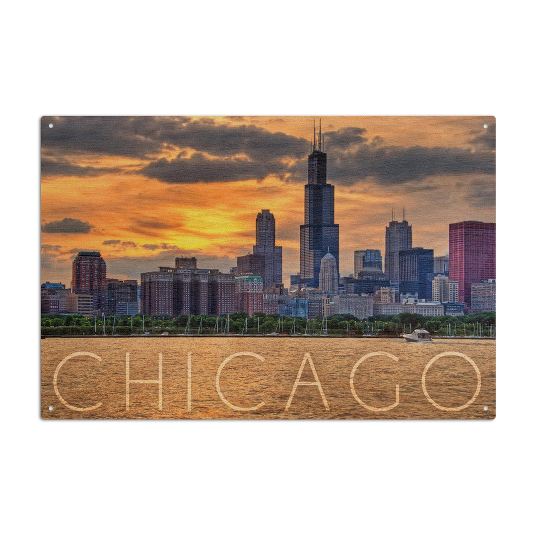 Chicago, Illinois, Moody Skyline, Lantern Press Photography, Wood Signs and Postcards Wood Lantern Press 10 x 15 Wood Sign 