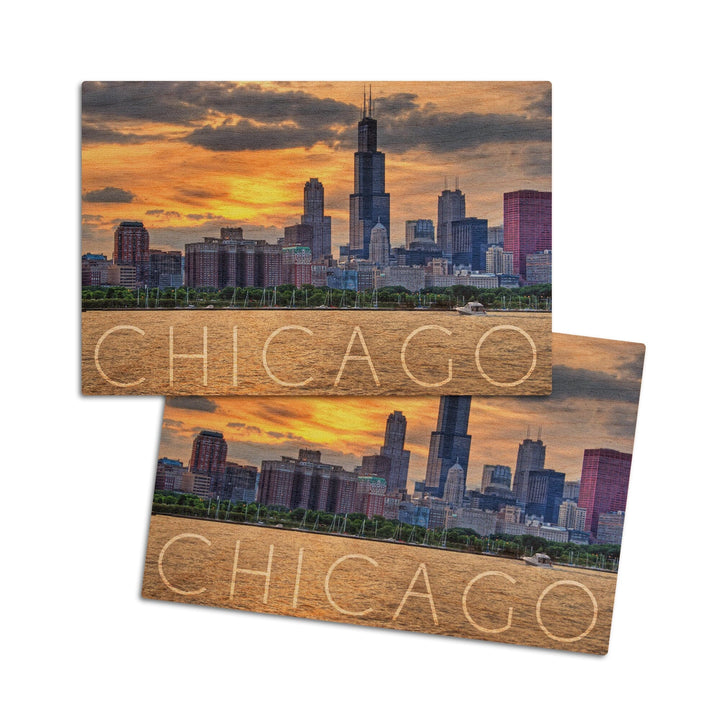 Chicago, Illinois, Moody Skyline, Lantern Press Photography, Wood Signs and Postcards Wood Lantern Press 4x6 Wood Postcard Set 