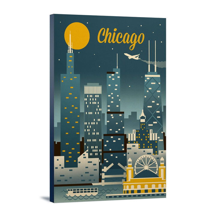 Chicago, Illinois, Retro Skyline Classic, Lantern Press Artwork, Stretched Canvas Canvas Lantern Press 12x18 Stretched Canvas 