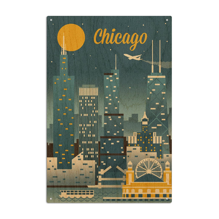 Chicago, Illinois, Retro Skyline Classic, Lantern Press Artwork, Wood Signs and Postcards Wood Lantern Press 10 x 15 Wood Sign 