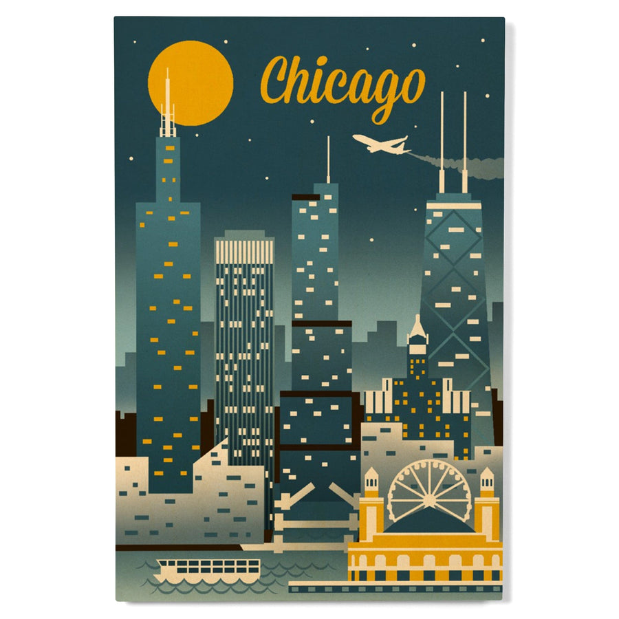 Chicago, Illinois, Retro Skyline Classic, Lantern Press Artwork, Wood Signs and Postcards Wood Lantern Press 