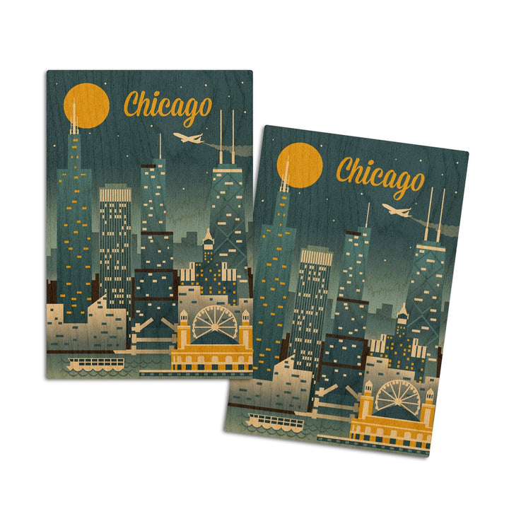 Chicago, Illinois, Retro Skyline Classic, Lantern Press Artwork, Wood Signs and Postcards Wood Lantern Press 4x6 Wood Postcard Set 