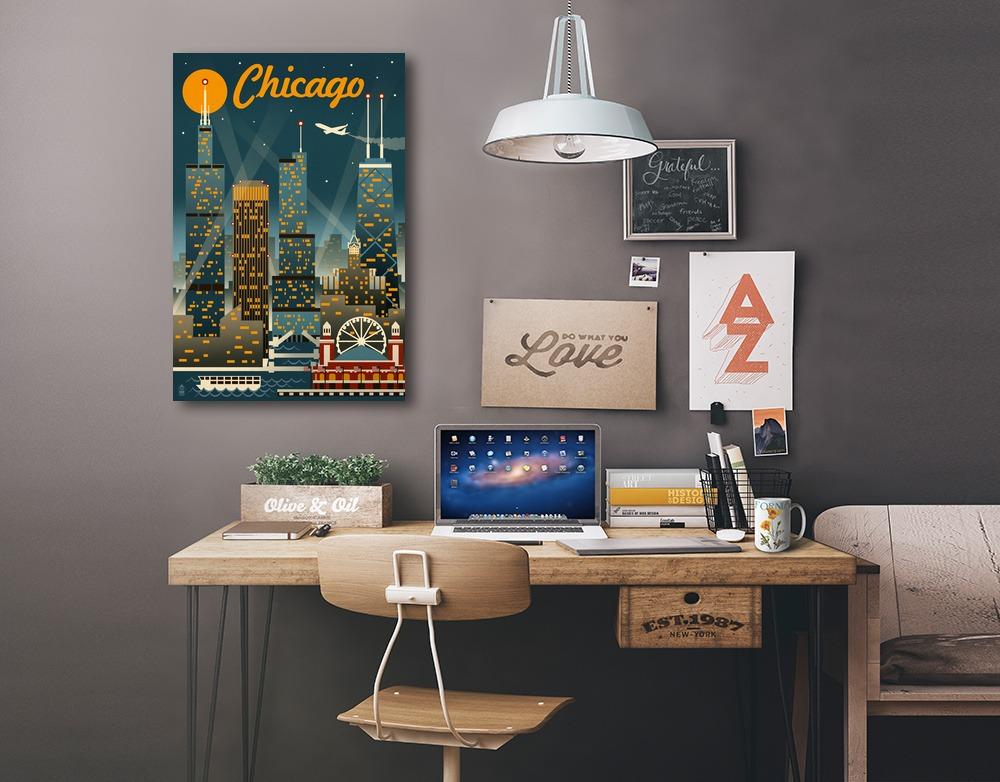 Chicago, Illinois, Retro Skyline, Lantern Press Artwork Canvas Lantern Press 