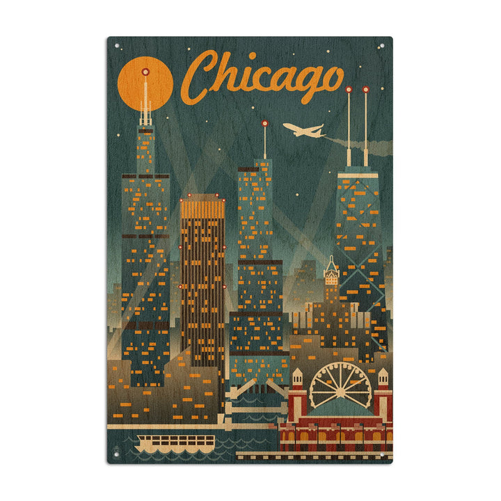 Chicago, Illinois, Retro Skyline, Lantern Press Artwork, Wood Signs and Postcards Wood Lantern Press 10 x 15 Wood Sign 