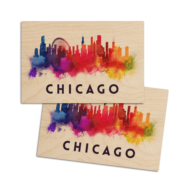 Chicago, Illinois, Skyline Abstract, White, Lantern Press Artwork, Wood Signs and Postcards Wood Lantern Press 4x6 Wood Postcard Set 