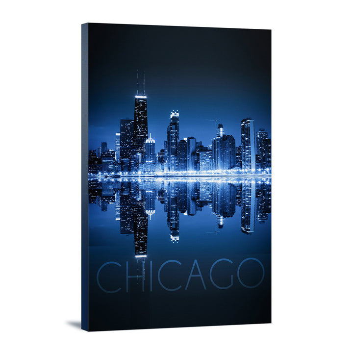 Chicago, Illinois, Skyline at Night in Blue, Lantern Press Photography, Stretched Canvas Canvas Lantern Press 12x18 Stretched Canvas 