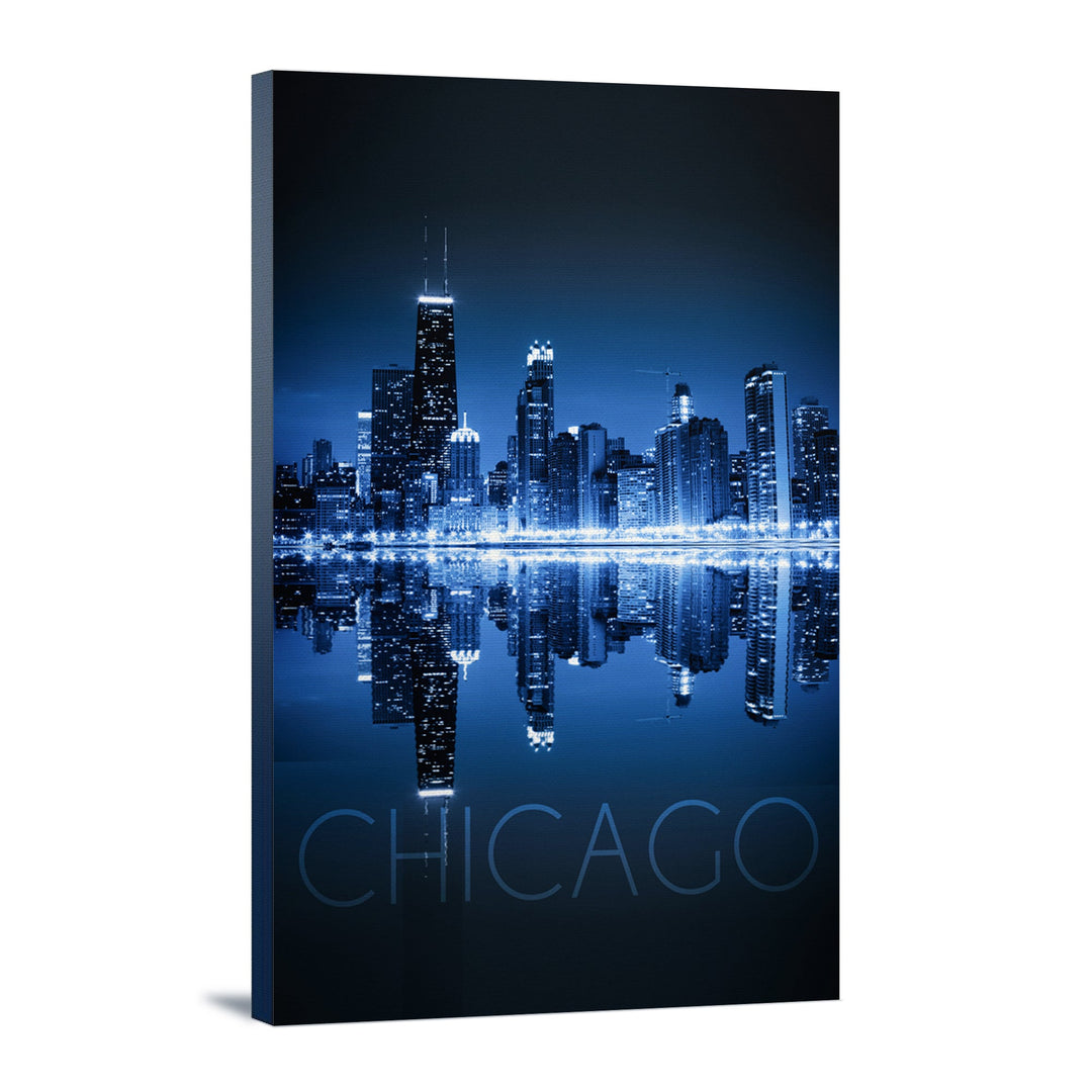 Chicago, Illinois, Skyline at Night in Blue, Lantern Press Photography, Stretched Canvas Canvas Lantern Press 16x24 Stretched Canvas 