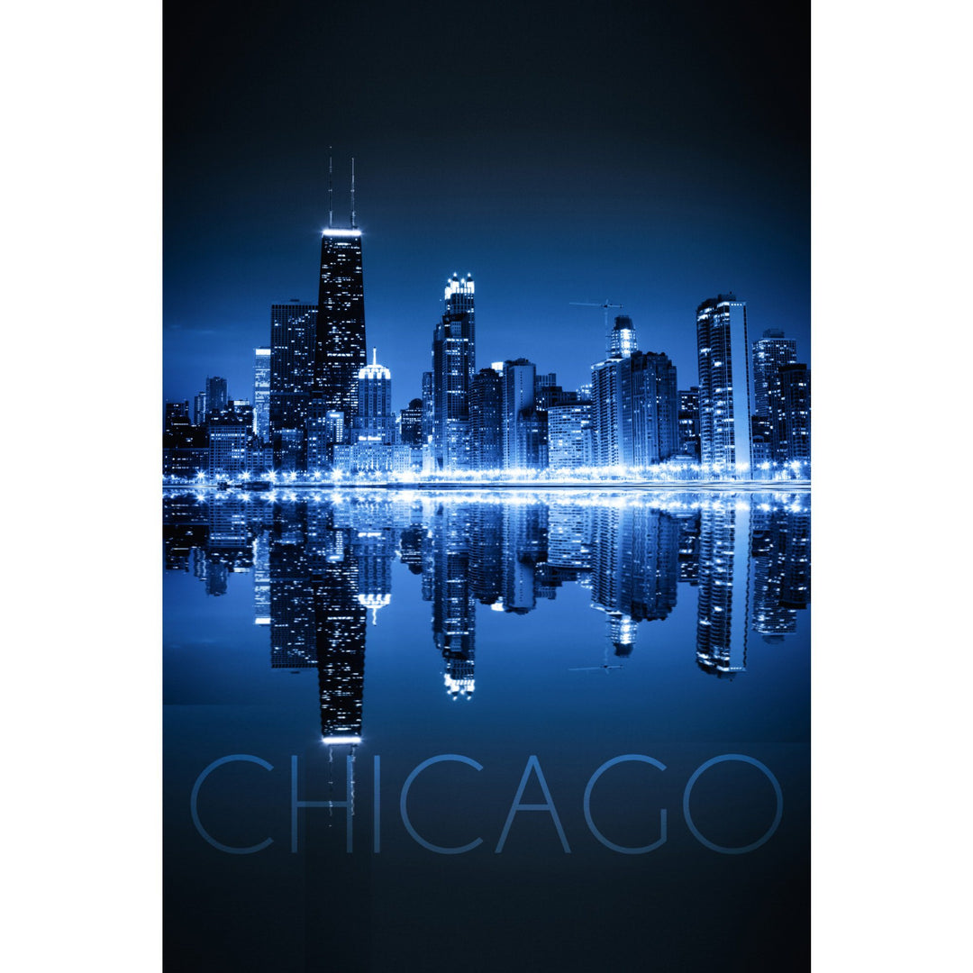Chicago, Illinois, Skyline at Night in Blue, Lantern Press Photography, Stretched Canvas Canvas Lantern Press 