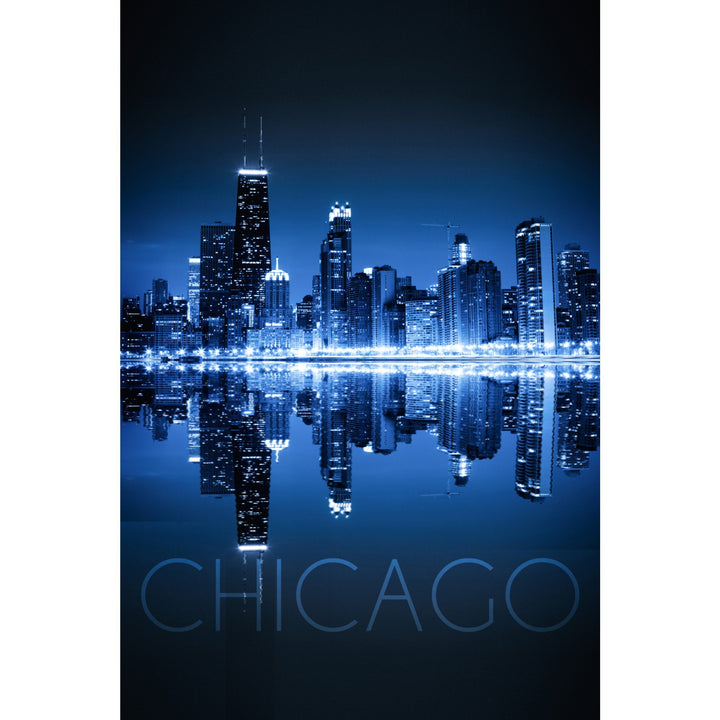 Chicago, Illinois, Skyline at Night in Blue, Lantern Press Photography, Stretched Canvas Canvas Lantern Press 