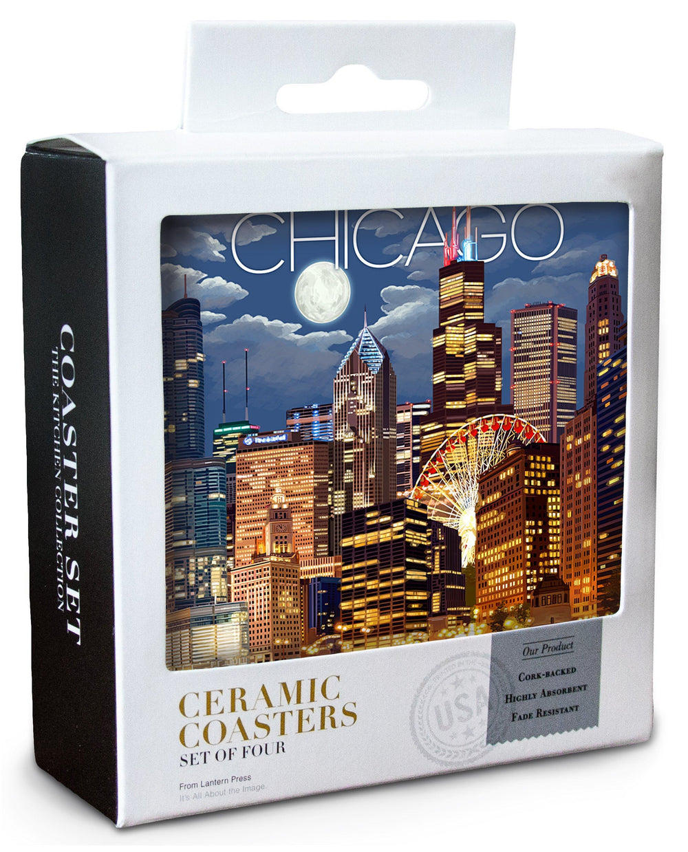 Chicago, Illinois, Skyline at Night, Lantern Press Artwork, Coaster Set Coasters Lantern Press 