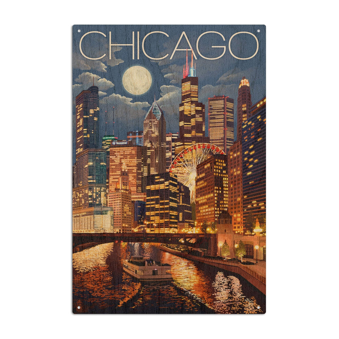 Chicago, Illinois, Skyline at Night, Lantern Press Artwork, Wood Signs and Postcards Wood Lantern Press 10 x 15 Wood Sign 
