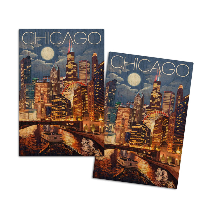 Chicago, Illinois, Skyline at Night, Lantern Press Artwork, Wood Signs and Postcards Wood Lantern Press 4x6 Wood Postcard Set 