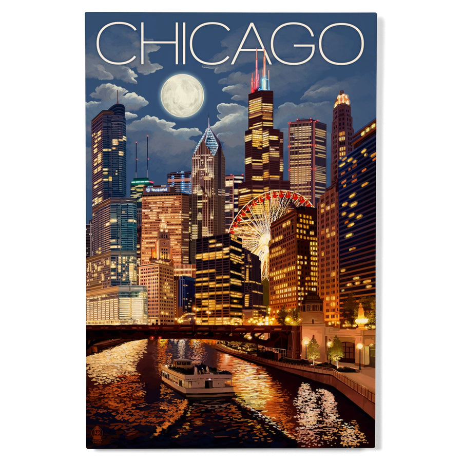 Chicago, Illinois, Skyline at Night, Lantern Press Artwork, Wood Signs and Postcards Wood Lantern Press 