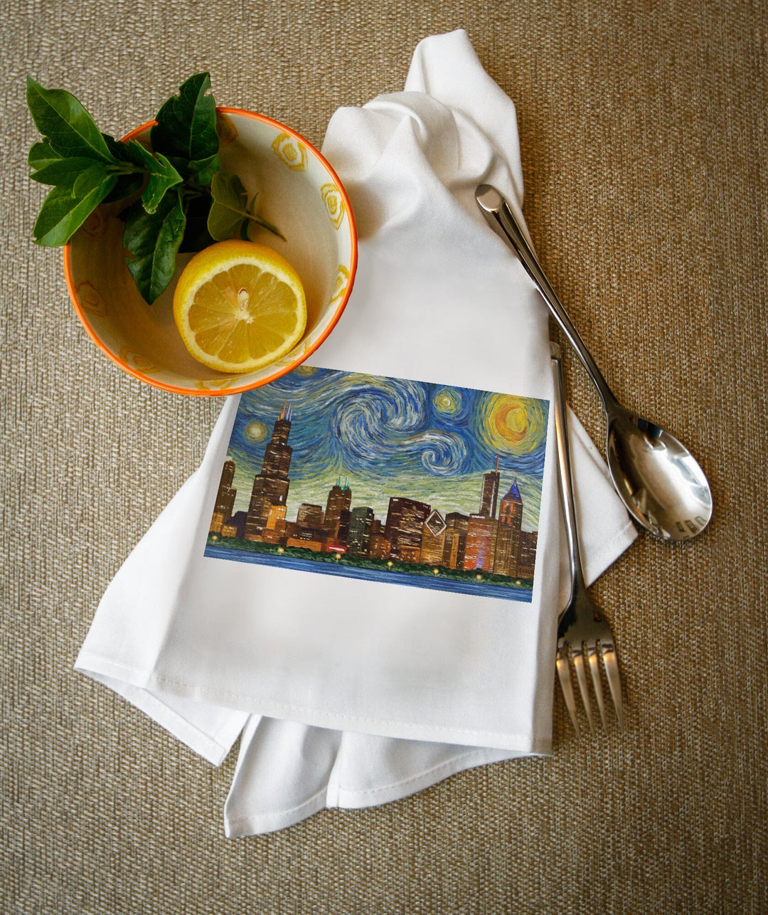 Chicago, Illinois, Starry Night City Series, Organic Cotton Kitchen Tea Towels - Lantern Press