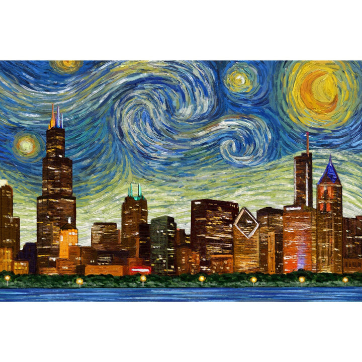 Chicago, Illinois, Starry Night City Series, Organic Cotton Kitchen Tea Towels - Lantern Press