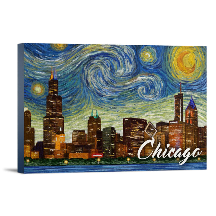 Chicago, Illinois, Starry Night City Series, Lantern Press Artwork, Stretched Canvas Canvas Lantern Press 12x18 Stretched Canvas 