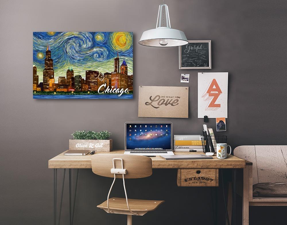 Chicago, Illinois, Starry Night City Series, Lantern Press Artwork, Stretched Canvas Canvas Lantern Press 