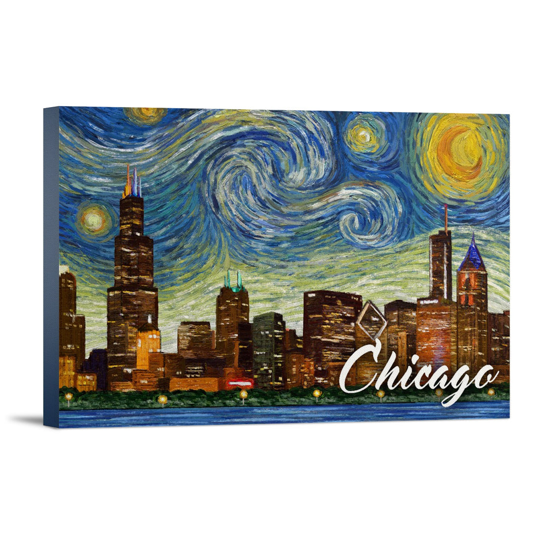 Chicago, Illinois, Starry Night City Series, Lantern Press Artwork, Stretched Canvas Canvas Lantern Press 16x24 Stretched Canvas 