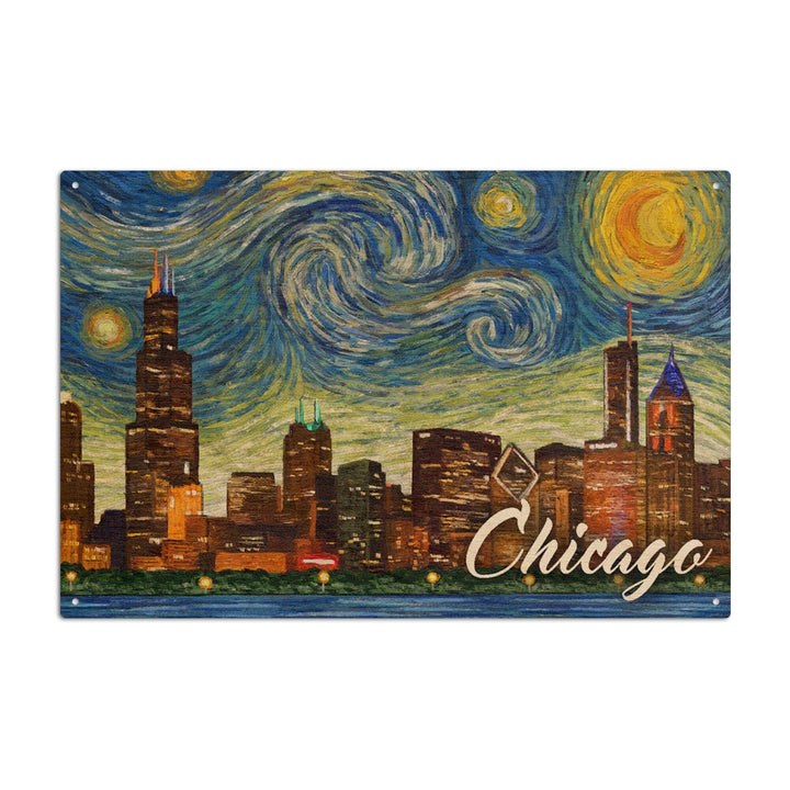 Chicago, Illinois, Starry Night City Series, Lantern Press Artwork, Wood Signs and Postcards Wood Lantern Press 10 x 15 Wood Sign 